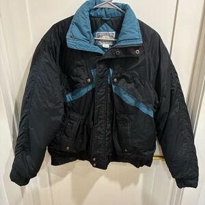 VINTAGE 90s Brittania Outerwear Ski Puffer Jacket men’s L Black Blue Color Block